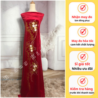 Vải áo dài nhung đính hoa cúc kết kim sa trung niên, Áo dài sui đẹp sang trọng màu Đỏ Nhung khổ 1m5