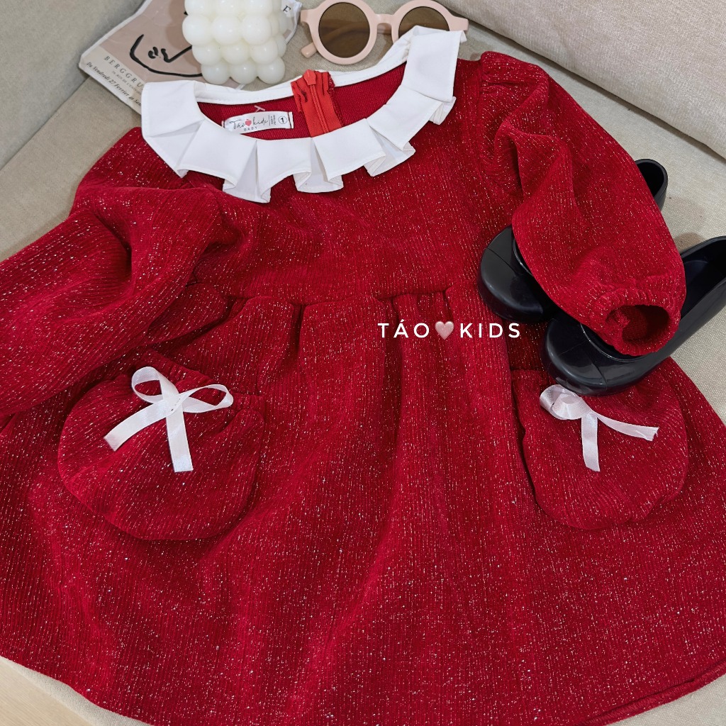 Váy nhung nhũ đỏ 2 túi nơ bé gái