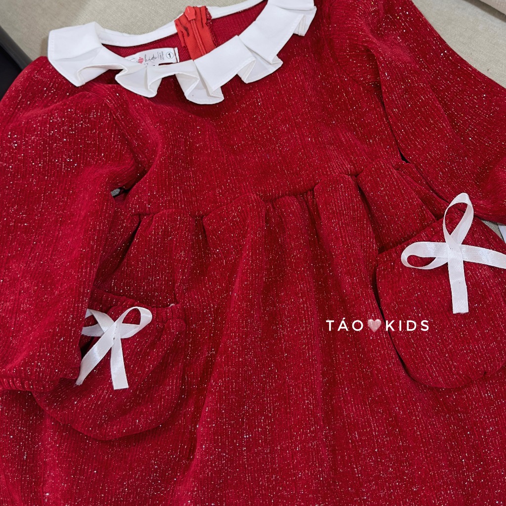 Váy nhung nhũ đỏ 2 túi nơ bé gái