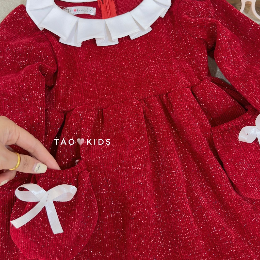 Váy nhung nhũ đỏ 2 túi nơ bé gái