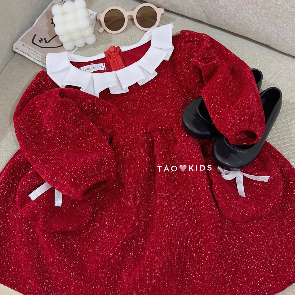 Váy nhung nhũ đỏ 2 túi nơ bé gái