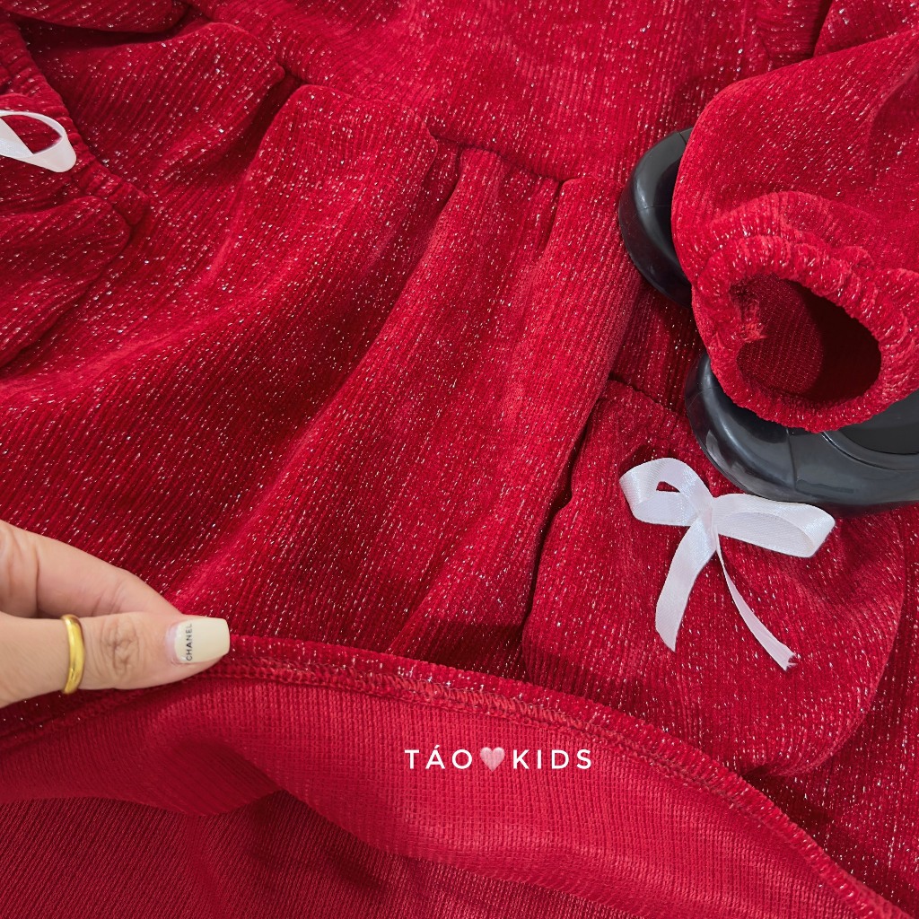 Váy nhung nhũ đỏ 2 túi nơ bé gái
