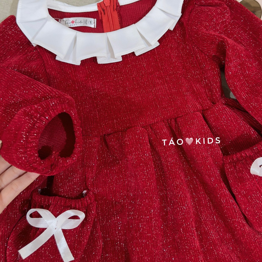 Váy nhung nhũ đỏ 2 túi nơ bé gái