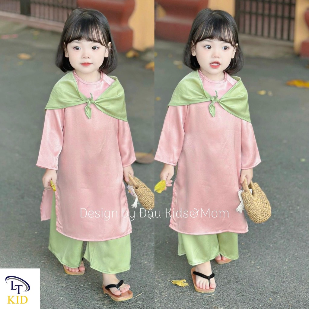 Áo dài hồng kèm khăn mỏ quạ bé gái