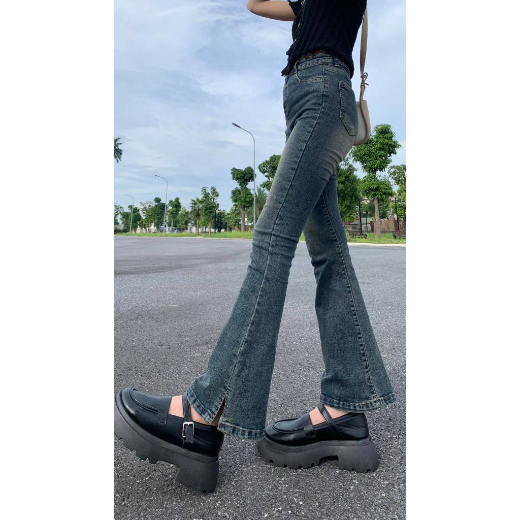 Quần bò loe Nữ xẻ gấu xanh trơn mài 2 gối cạp cao lên dáng xinh cute co giãn 4 chiều loại 1
