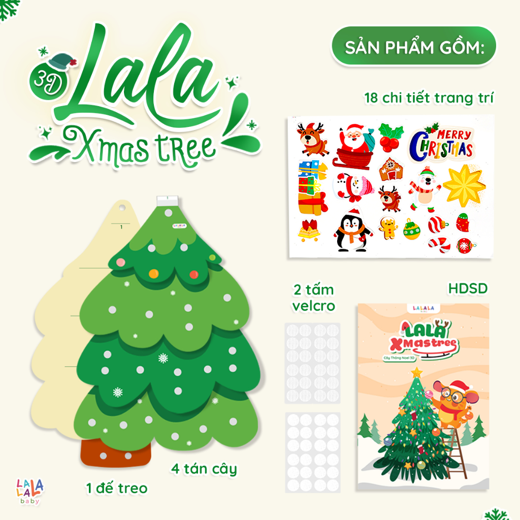 Cây thông noel treo tường 3D Lala Xmas Tree Tặng 2m đèn led đồ chơi thủ công cho bé Lalala baby