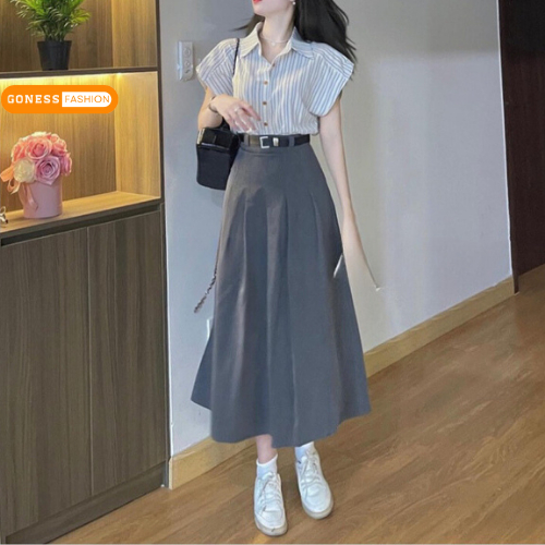 Chân váy dài xếp ly dài mặc 2 kiểu Goness dáng chữ a bigsize cạp lưng cao phong cách Ulzzang tennis xòe midi xếp li