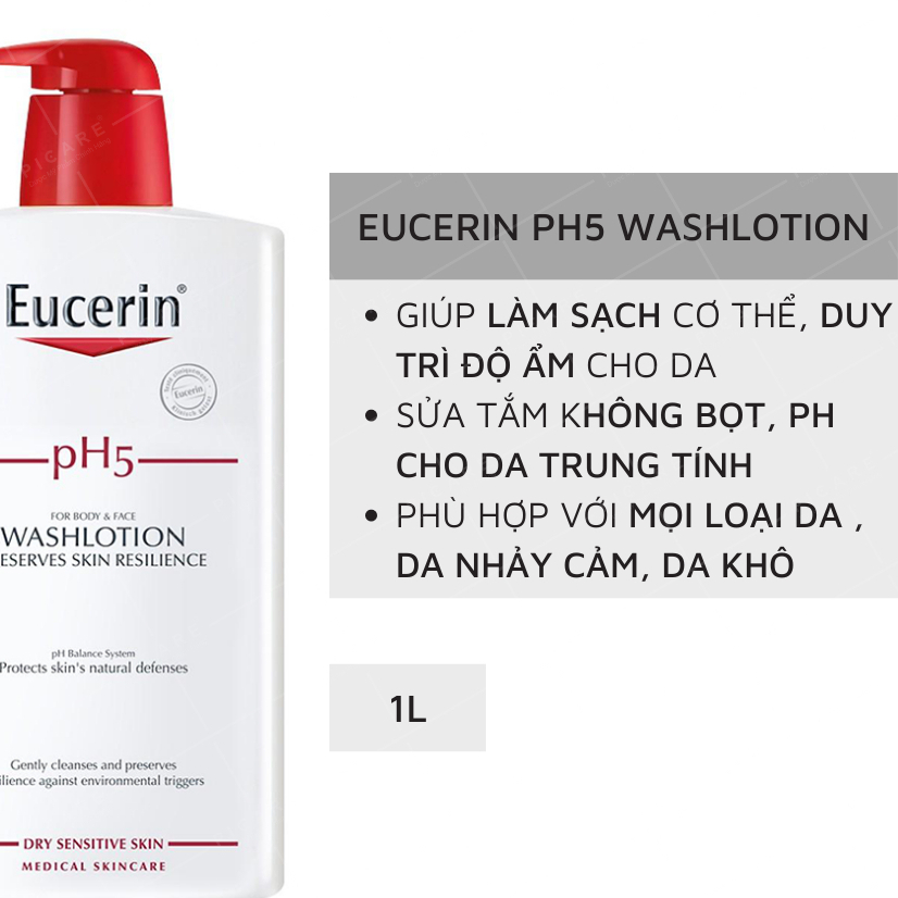 Sữa tắm Eucerin pH5 Washlotion nhẹ nhàng làm sạch cho da nhạy cảm 200ml, 400ml và 1000ml