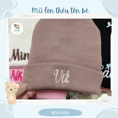 Mũ len ống thêu tên cho bé siêu phong cách