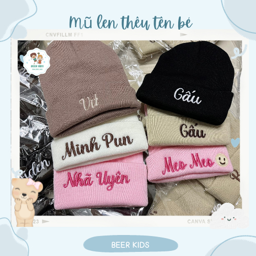 Mũ len ống thêu tên cho bé siêu phong cách