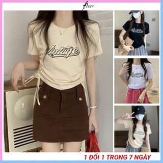 Áo croptop nữ rút dây 2 bên eo tay ngắn cổ tròn chất vải thun tăm co dãn hình in sắc nét CRT27