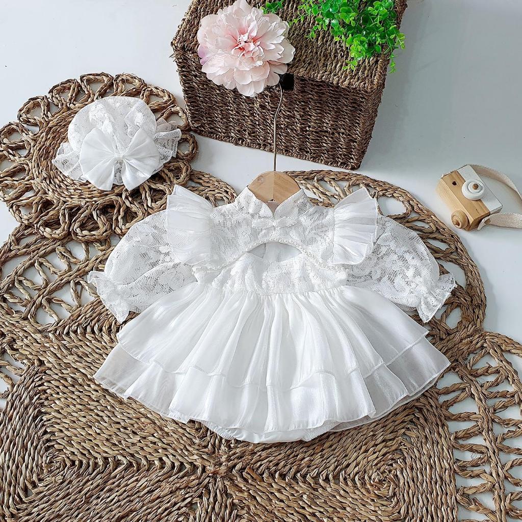 Body váy cổ tàu trắng ren 2 tầng kèm mũ 2-12 Kg ,Body cho bé gái sơ sinh đầy tháng thôi nôi chât mềm mịn