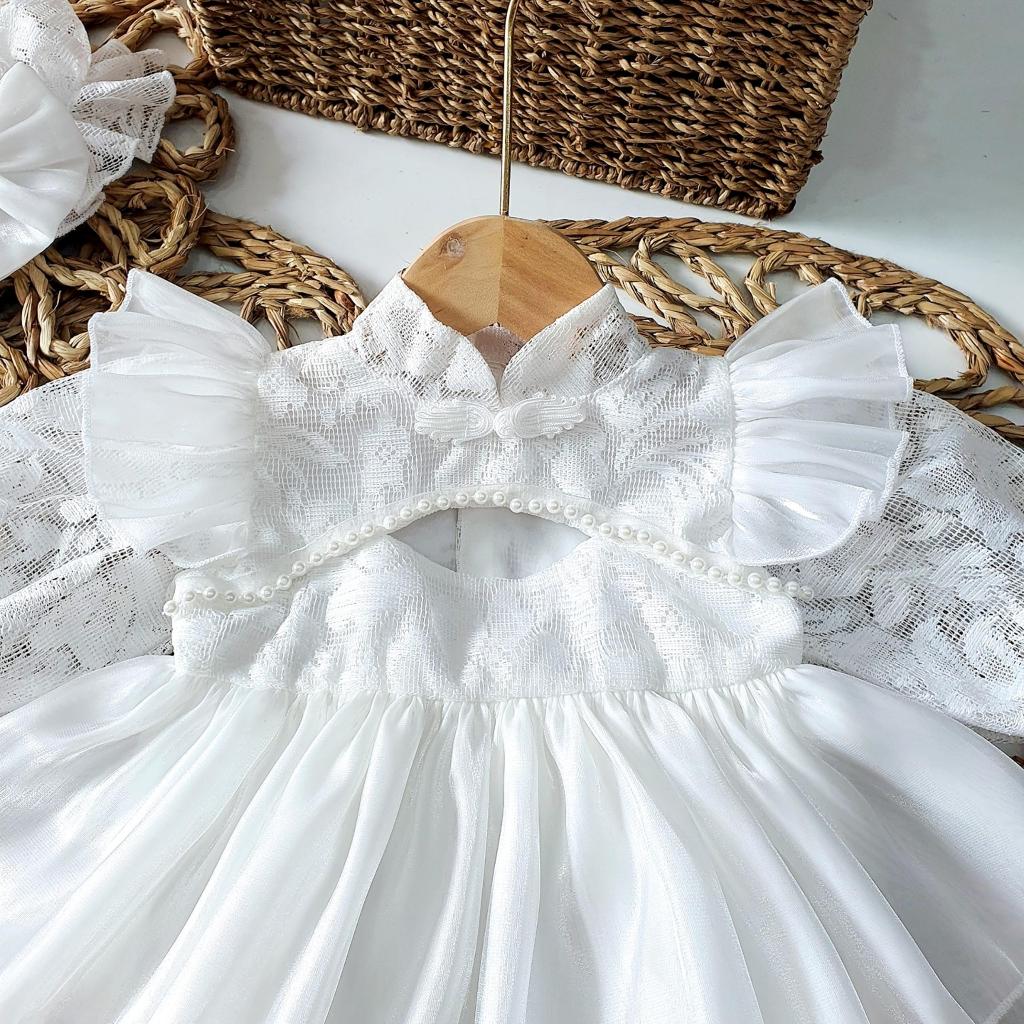 Body váy cổ tàu trắng ren 2 tầng kèm mũ 2-12 Kg ,Body cho bé gái sơ sinh đầy tháng thôi nôi chât mềm mịn