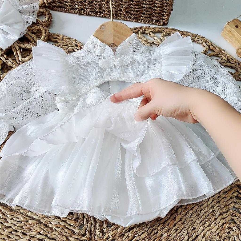Body váy cổ tàu trắng ren 2 tầng kèm mũ 2-12 Kg ,Body cho bé gái sơ sinh đầy tháng thôi nôi chât mềm mịn