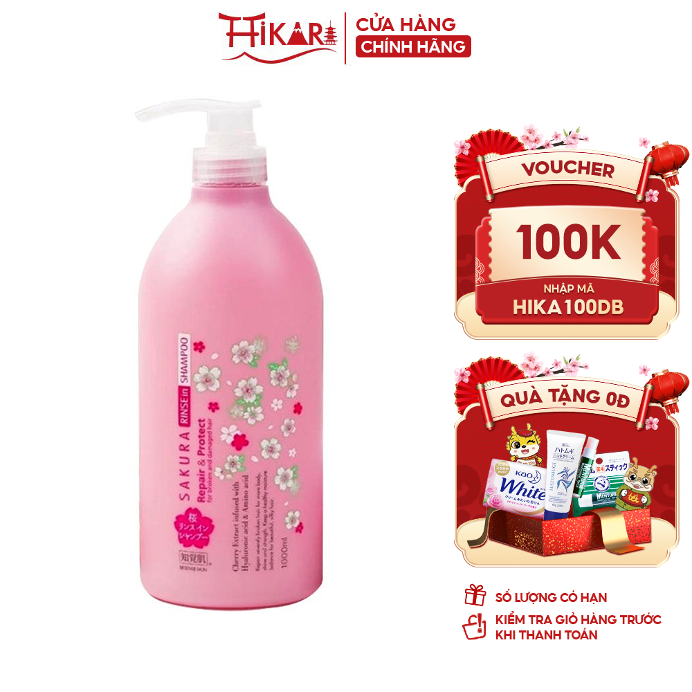 Dầu gội xả 2in1 dưỡng tóc suôn mượt Kumano Besense Sakura Rinse in Shampoo hương hoa anh đào 1000ml