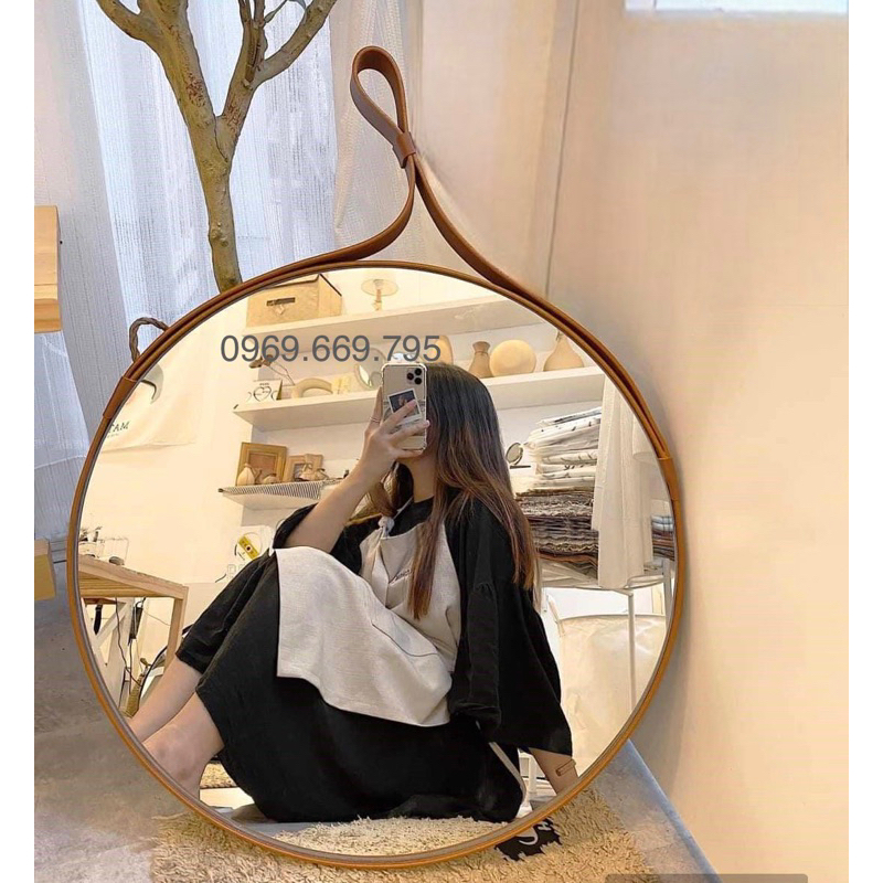 Gương treo tường gương trang điểm tròn viền da Gương dây da decor tặng kèm full phụ kiện dây da simili