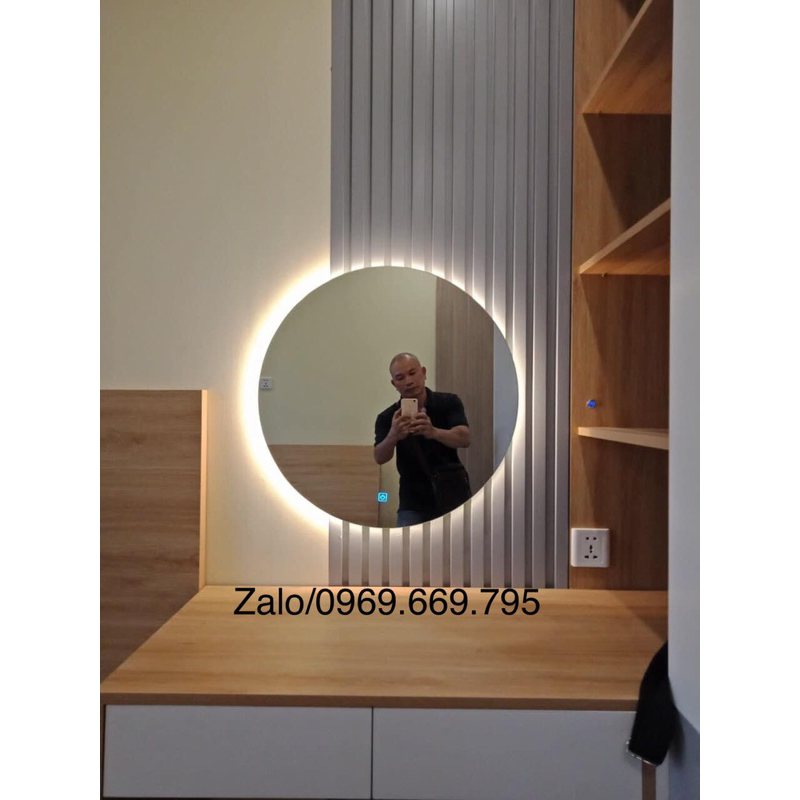 Gương treo tường gương trang điểm tròn viền da Gương dây da decor tặng kèm full phụ kiện dây da simili