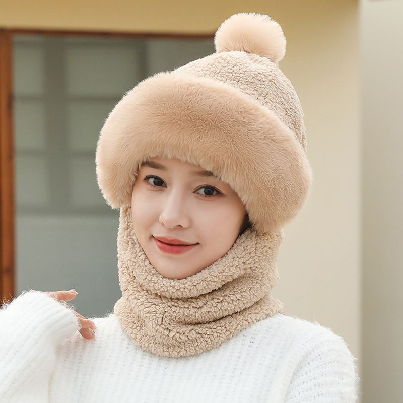 Mũ len lông cừu trùm đầu 1 quả bông che tai chống gió lạnh, Set mũ len kèm khăn cho Nữ cao cấp