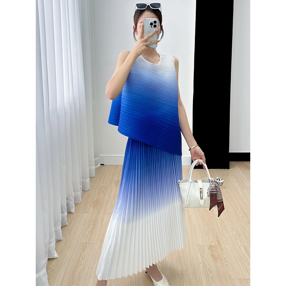 Set áo lò xo cộc tay + Chân váy thun xếp ly màu Ombre - Yênclothing