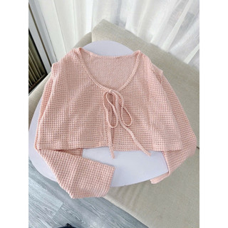 Áo Khoác Lửng Cột Dây Len Gân Tay Dài