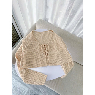 Áo Khoác Lửng Cột Dây Len Gân Tay Dài