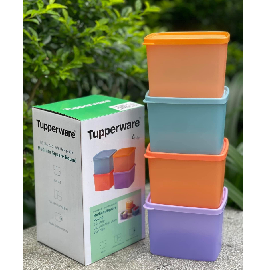 Bộ hộp trữ khô/ mát Tupperware Medium Square Round Gen I 840ml (4 hộp) - Bảo hành trọn đời - Nhựa nguyên sinh, an toàn