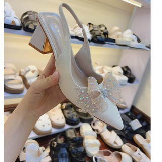 Giày sandal cao gót nữ nơ tai bèo hở gót 5cm gót vuông mạ đồng
