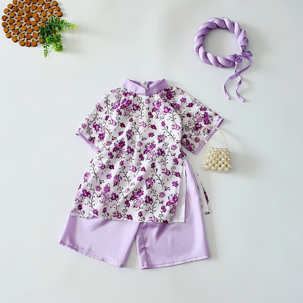 Áo Dài Voan Pháp Hoa Nhí Cho Bé Gái 3-18 Kg ,Chất Mềm Mịn