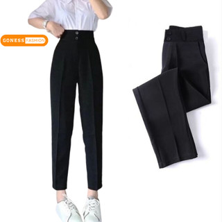Quần tây baggy nữ dáng dài Goness cạp cao 2 khuy có đai lưng cao vải vintex màu đen phù hợp đi học đi làm