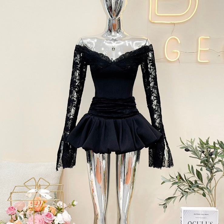 𝑳𝒂𝒔𝒐𝒏𝒆 𝑺𝒆𝒕 áo ren phối corset + chân váy nhung phối hai da - TKCC 𝐁𝐀𝐆𝐄𝐎
