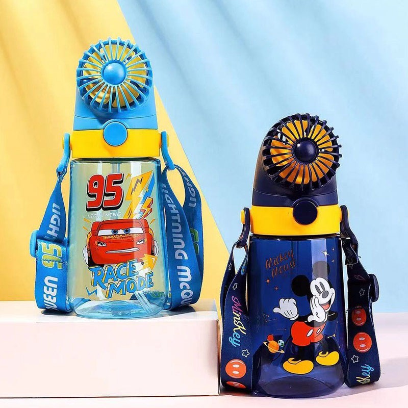 Hỏa tốc - Bình nước Mickey Minnie chính hãng Disney 550ml tích hợp quạt điện tiện dụng, Bình nước quạt điện tặng dây đeo