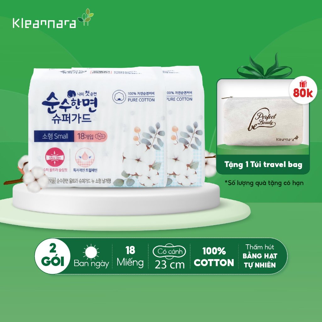 Combo 2 gói băng vệ sinh Kleannara Soonsoohan Hàn Quốc siêu mỏng ban ngày size S 23cm - 18 miếng/gói có cánh