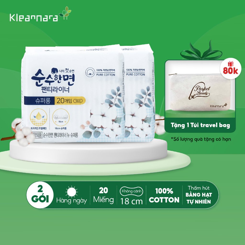 Combo 2 gói băng vệ sinh Kleannara Soonsoohan Hàn Quốc siêu mỏng hàng ngày 18cm - 20 miếng/gói không cánh