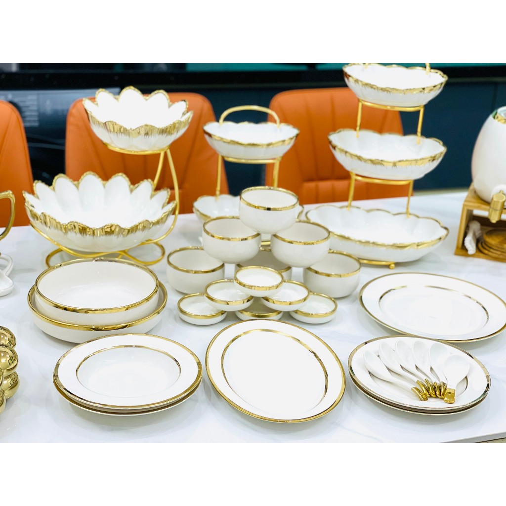 HÀNG CÓ SẴN/Gốm sứ decor cao cấp/Bát đĩa full set màu trắng viền vàng /Bát đĩa/Ấm chén cao cấp