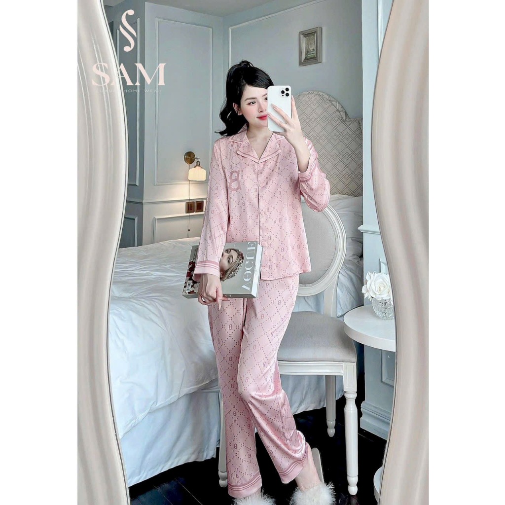 Bộ pijama nữ áo dài quần dài họa tiết chữ B chất lụa tơ cao cấp Xumaki Store