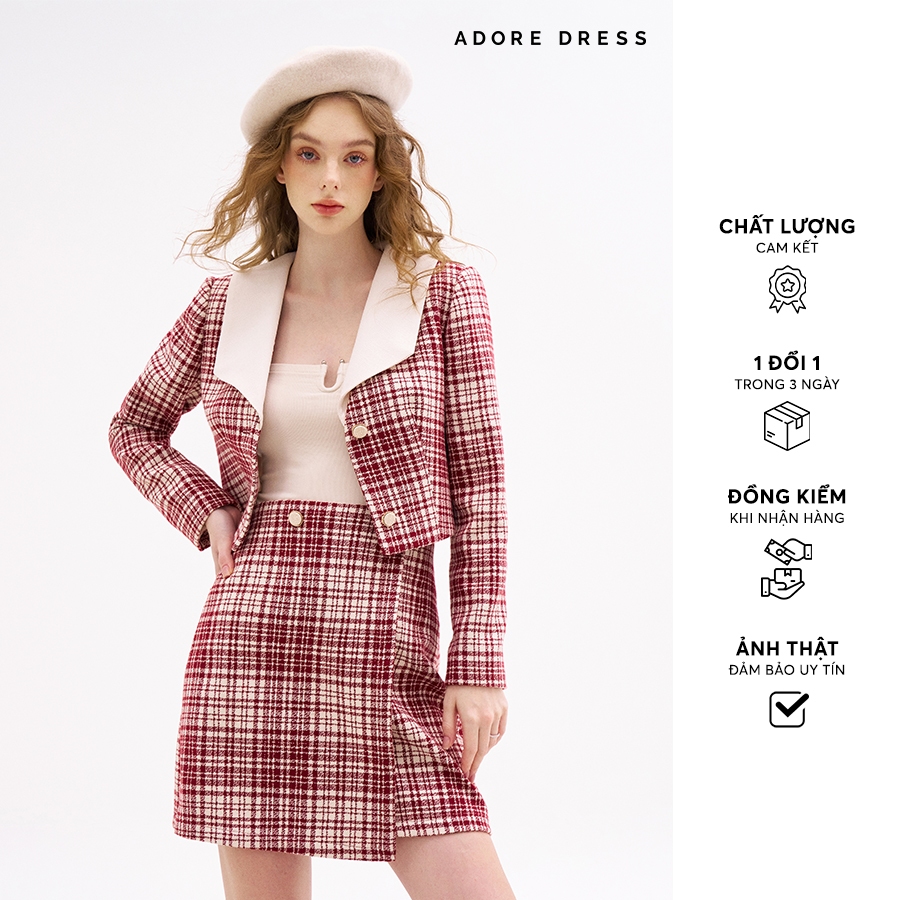 Áo khoác tweed casual style tweed karo đỏ phối cổ 312TW1037 ADORE DRESS