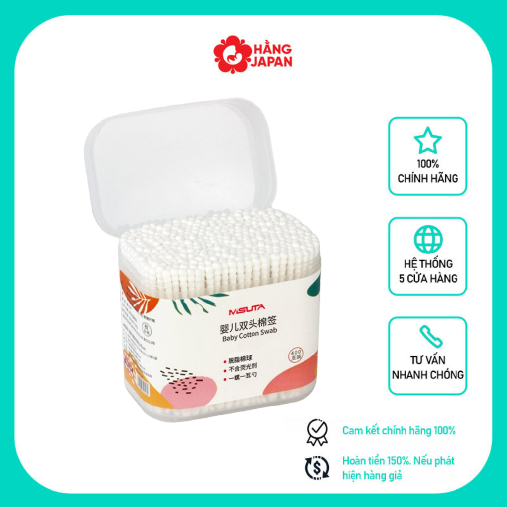 Tăm bông Misuta sơ sinh chất liệu bông tự nhiên cao cấp hộp 400 que - Hàng chính hãng
