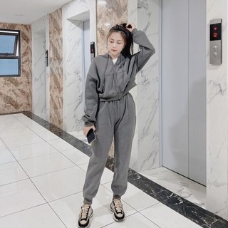 Sét bộ nỉ nữ thu đông trơn áo croptop quần bo gấu free size