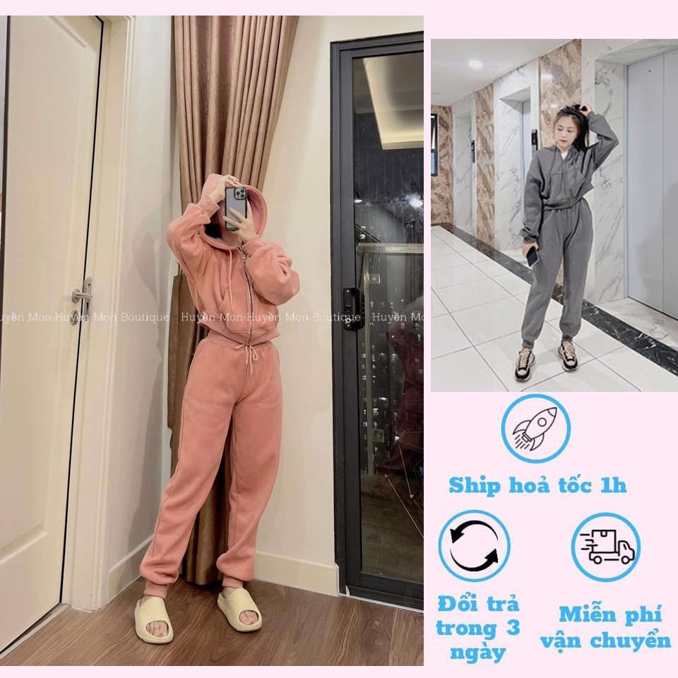 Sét bộ nỉ nữ thu đông trơn áo croptop quần bo gấu free size