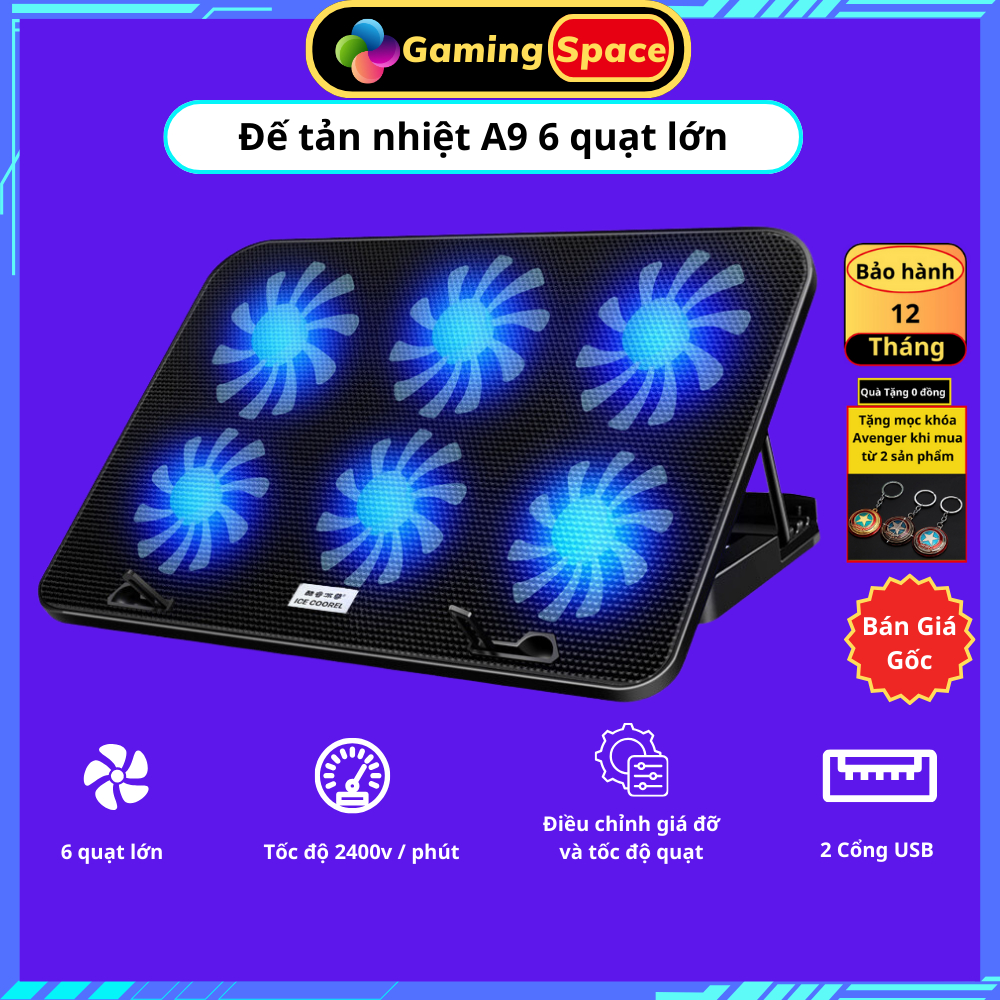 Đế Tản Nhiệt Laptop , Tản Nhiệt Laptop Máy Tính A9 có 6 quạt lớn có led, đế tản nhiệt cho laptop 13 inch đến 17 inch