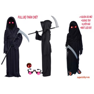 Bộ thần chết full set 4 món kèm lưỡi hái tử thần,bộ cương thi bộ dọa ma tóc trắng bộ vô diện hóa t