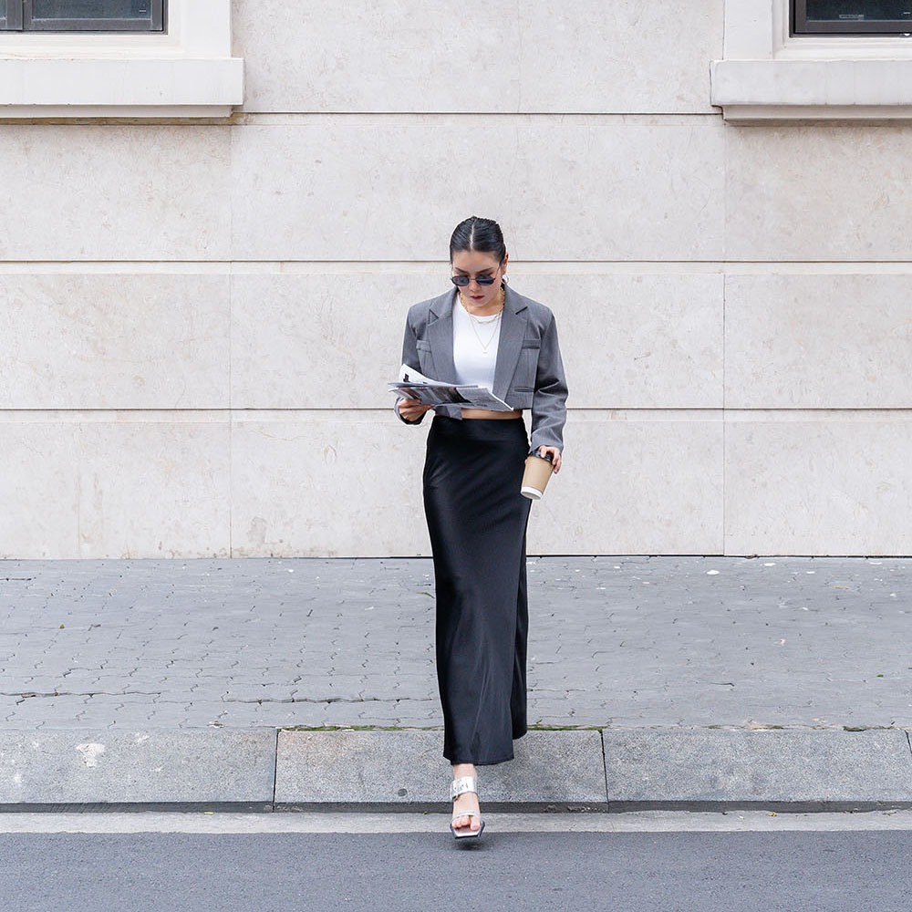 Chân váy dài lụa nhún nhà MEO