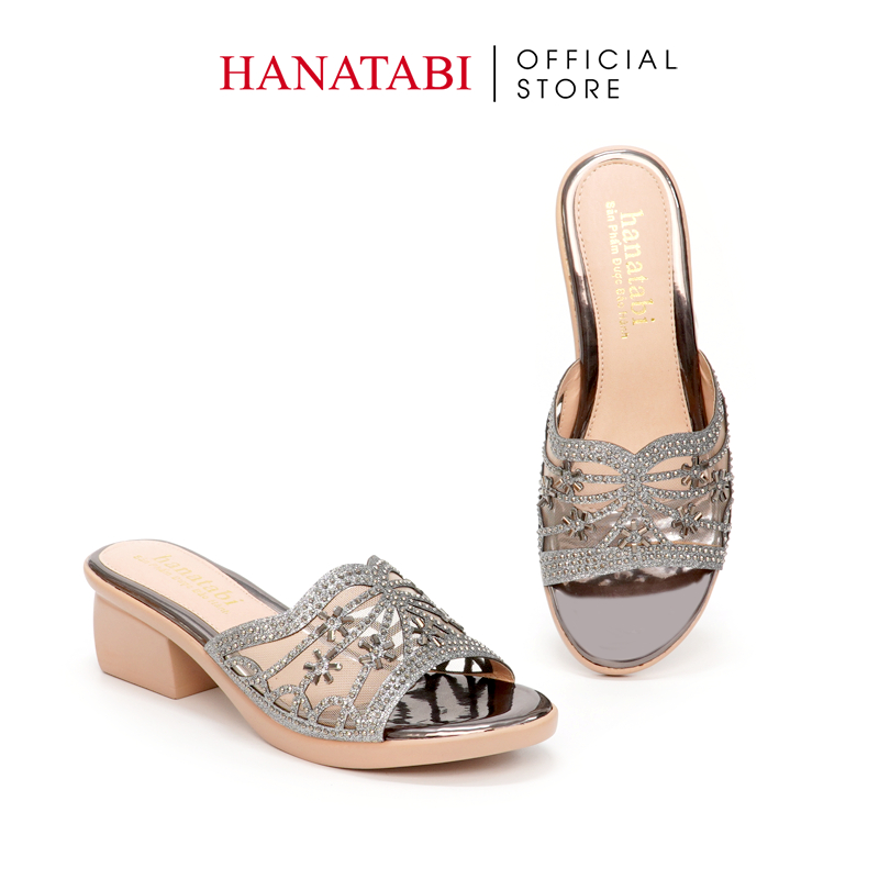 Dép Gót Nữ Hanatabi Quai Lưới Đính Xoàn Gót Cao 5cm Đế PU Siêu Nhẹ Mã HNDE5F924
