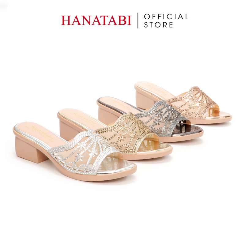 Dép Gót Nữ Hanatabi Quai Lưới Đính Xoàn Gót Cao 5cm Đế PU Siêu Nhẹ Mã HNDE5F924