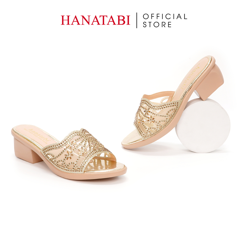 Dép Gót Nữ Hanatabi Quai Lưới Đính Xoàn Gót Cao 5cm Đế PU Siêu Nhẹ Mã HNDE5F924