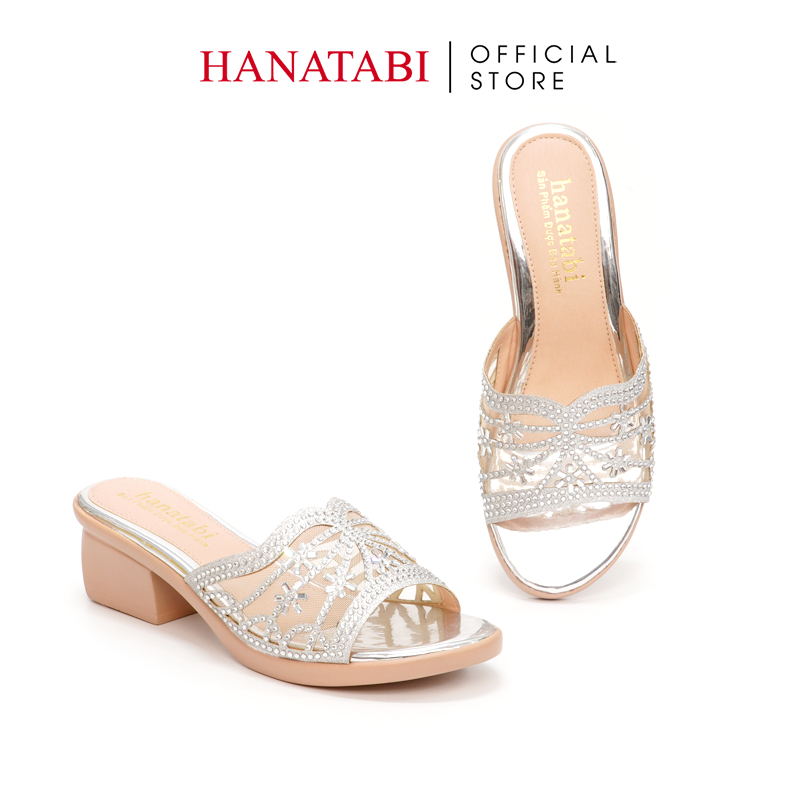 Dép Gót Nữ Hanatabi Quai Lưới Đính Xoàn Gót Cao 5cm Đế PU Siêu Nhẹ Mã HNDE5F924