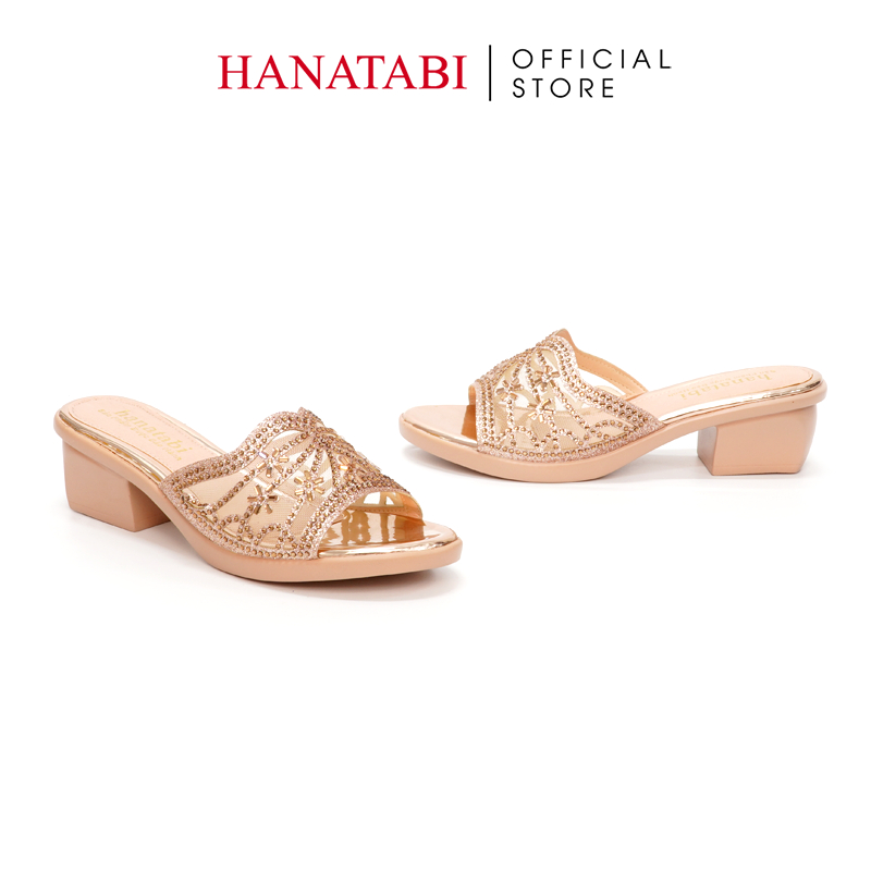 Dép Gót Nữ Hanatabi Quai Lưới Đính Xoàn Gót Cao 5cm Đế PU Siêu Nhẹ Mã HNDE5F924