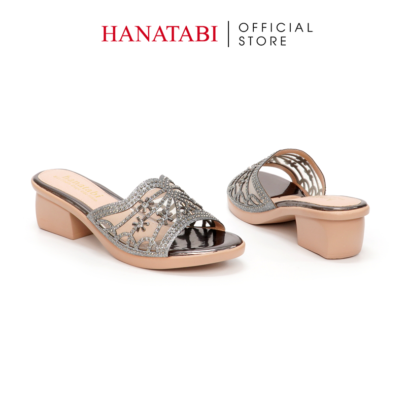 Dép Gót Nữ Hanatabi Quai Lưới Đính Xoàn Gót Cao 5cm Đế PU Siêu Nhẹ Mã HNDE5F924