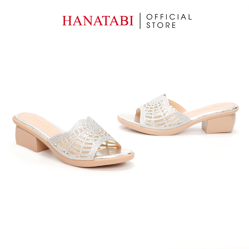 Dép Gót Nữ Hanatabi Quai Lưới Đính Xoàn Gót Cao 5cm Đế PU Siêu Nhẹ Mã HNDE5F925