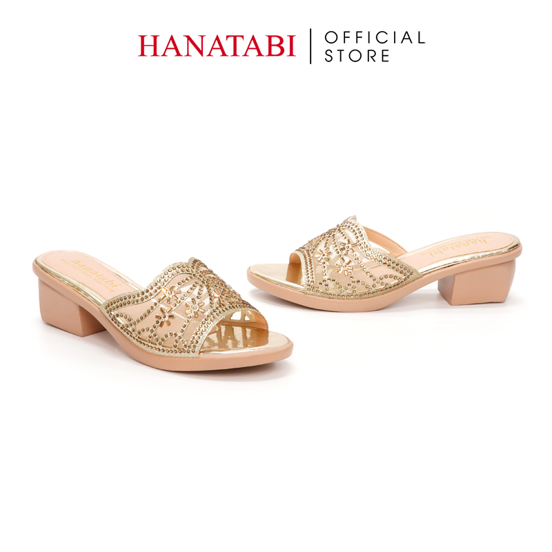 Dép Gót Nữ Hanatabi Quai Lưới Đính Xoàn Gót Cao 5cm Đế PU Siêu Nhẹ Mã HNDE5F924